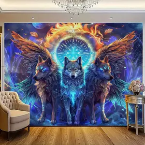 1 Sheet, Mystical Wolf Trio Tapestry - Universal Polyester Wall Banner for Bedroom, Living Room, Dorm - Hollywood, Celestial Theme, No Electricity Required, Flexible for Home and Garden