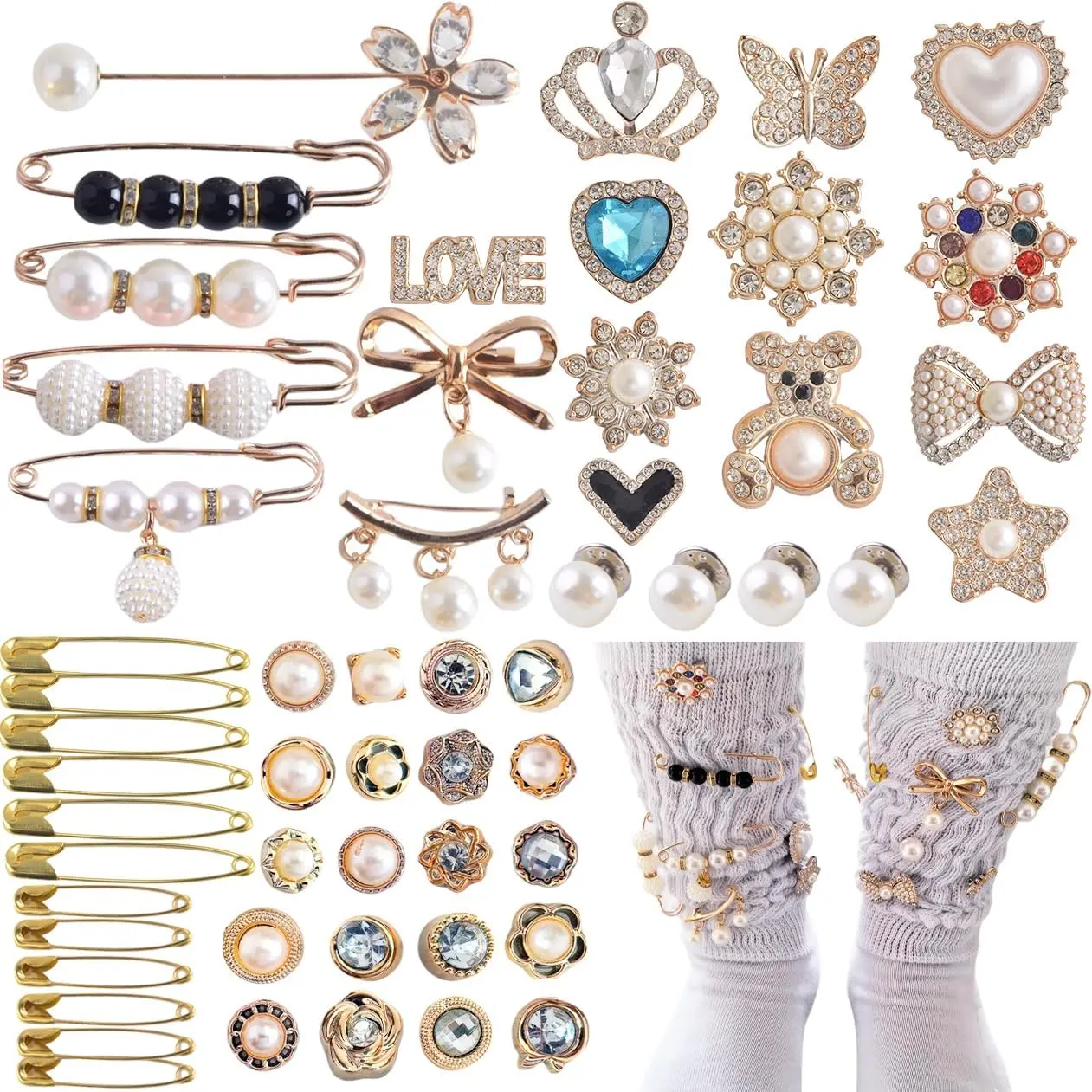 X-BY08  Charms for Socks 55pcs Sock Charms Pins Bling Sock Jewelry Charms Gold Sock Charms Brooch Sock Accessories Charms Designer Safety Pin Charms for Socks Shoes Junk Sock Charms