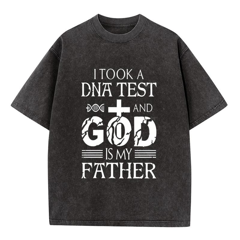 Women's Plus Size Acid Wash 100% Cotton Casual Tee - Vintage Oversized Short Sleeve Crew Neck Graphic Print Top, Faith Quote "I Took a DNA Test and God Is My Father" for Curvy Ladies