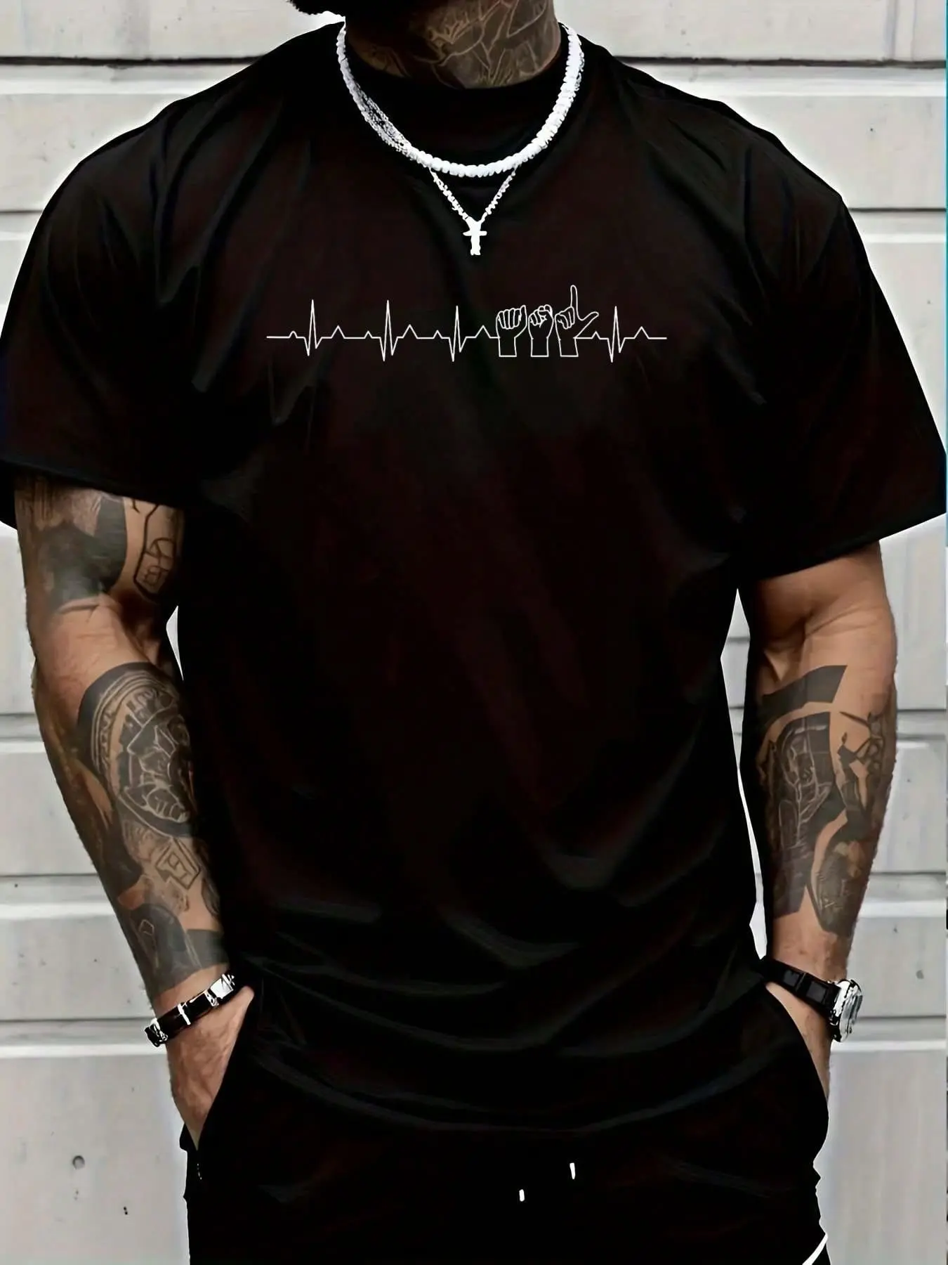 Mens 100% Cotton Short-Sleeve Casual Streetwear Distressed ASL American Sign Language Heartbeat Graphic Crew Neck T-Shirt, Menswear Summer Vacation Tops, Shortsleeve, Round Neck, Tshirt, Vintage, Hilarious
