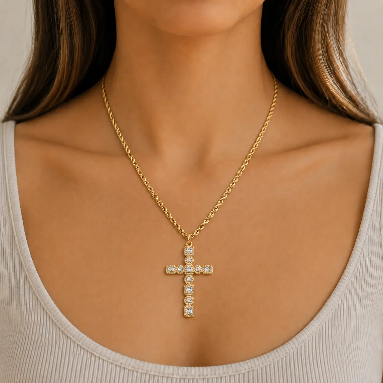 Gold Cross Necklace for Women, Sparkling Cross Pendant on Twisted Rope Chain, Christian Faith Jewelry Gift Set with Box