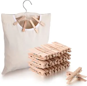 Clothes Pins Bag Holder Laundry Canvas Clothespin Bag with Hanging Hook, 100 Pieces 2.8 x 0.4 Inch Large Wooden Clips Wood Clothespins with Spring for Line-Drying