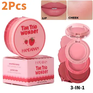 2Pcs Three in one color Mini portable, Pink matte cream powder blusher, A multi-purpose mini makeup, Novice practice makeup, Regardless of skin color