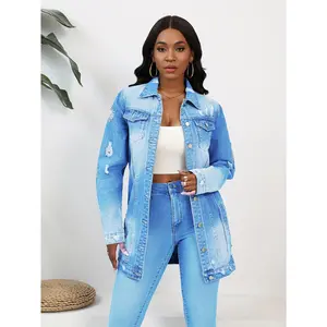 Women Fashionable Ripped Turn-down Collar Stylish Dark Blue Denim Jacket for Women Women's Elegant Casual Coat jackets  for