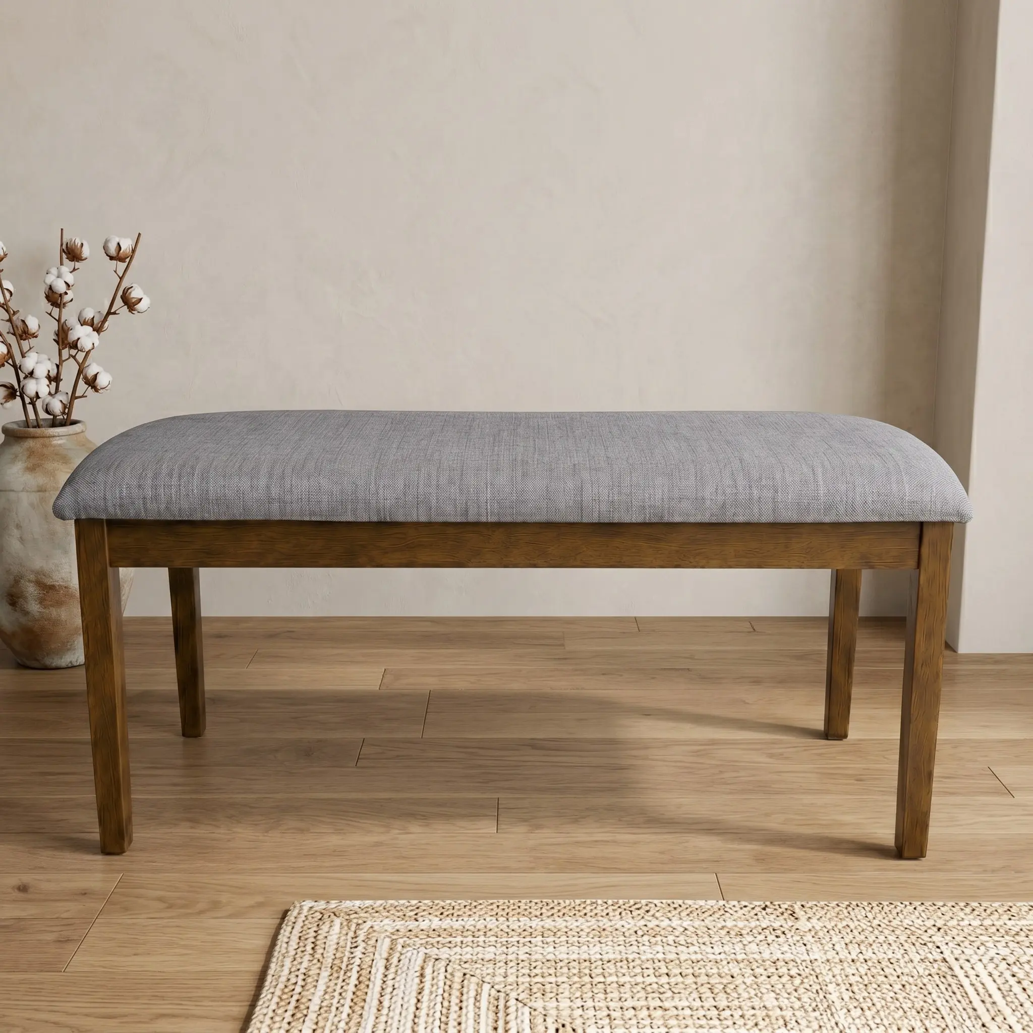 Favorer Easton Backless Gray Linen Wood Dining Bench - 44.5x15.9", 2-Seat Padded Seat Indoor Kitchen Furniture, Modern Stool, Comfortable Design, Requires Assembly