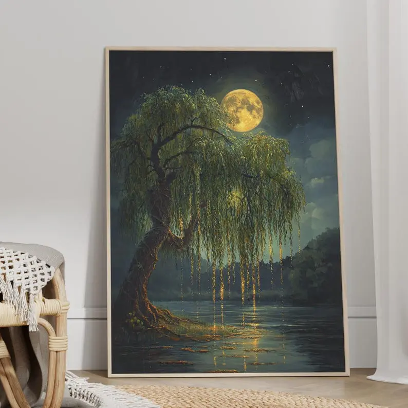 Full Moon Over Weeping Willow Tree by the Lake Mystical Wall Art Poster Print, Golden Night Sky Dreamy Surreal Nature Art Print Decoration Artistic