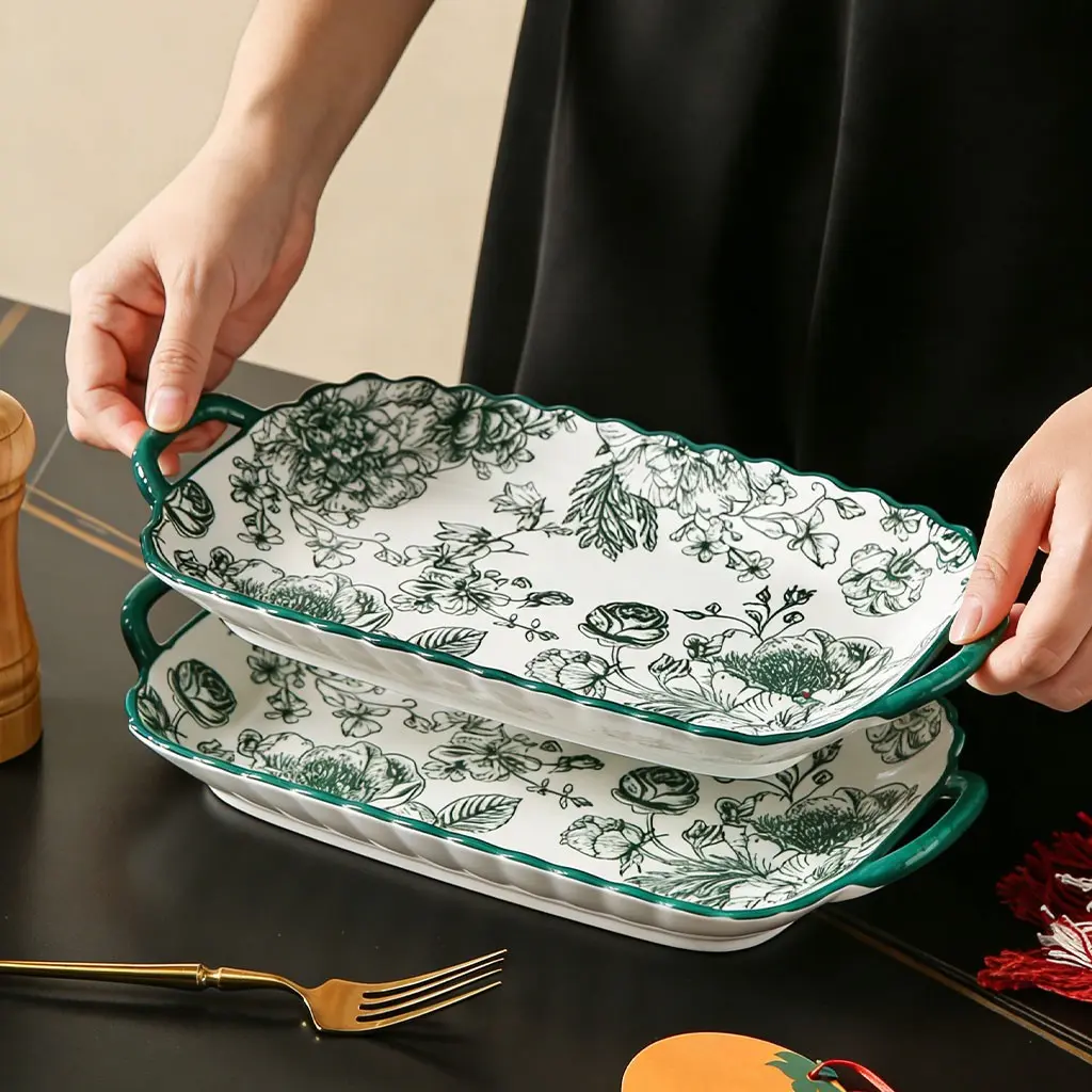 2/4 pieces of 12 inch ceramic fish plates, sushi plates, Serving Tableware, Dishwasher Safe Tableware, green rose pattern, high-end, easy to hold with double ear handles without burning hands, can steam fish, serve dishes, microwave safe, machine washable