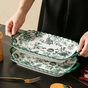 2/4 pieces of 12 inch ceramic fish plates, sushi plates, green rose pattern, simple and high-end, easy to hold with double ear handles without burning hands, can steam fish, serve dishes, microwave safe, machine washable