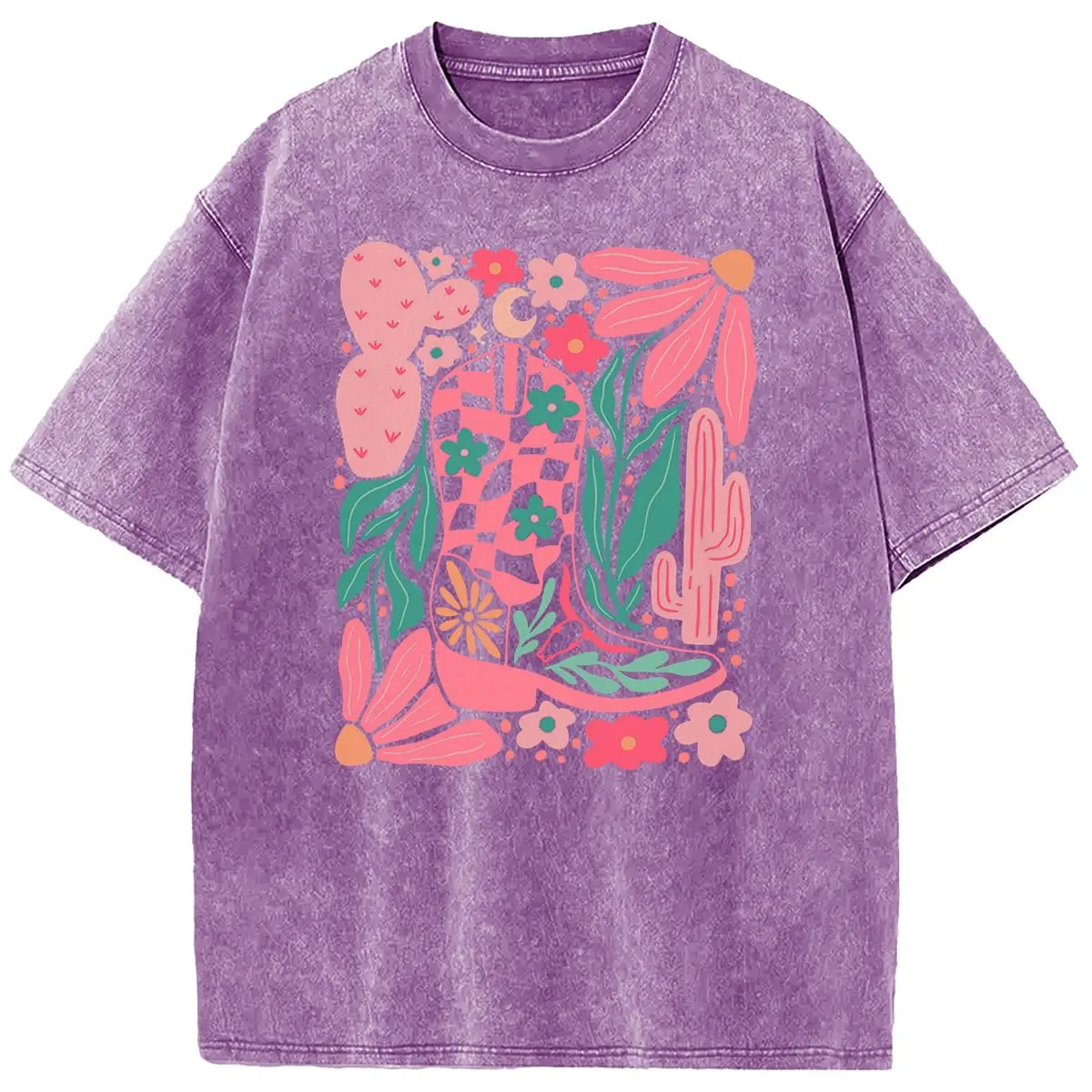 Women's Oversize Plant Graphic T-Shirt, Basic Short Sleeve Cotton Top with Acid-Wash Finish for Casual Streetwear, Tee, Preppy, Tshirt, Plants, Fashion Apparel, Outdoors, Round Neck, Do Not Bleach, Hand Wash Only, Holiday, Jeans, Fits, Pullover, Hip, Soli