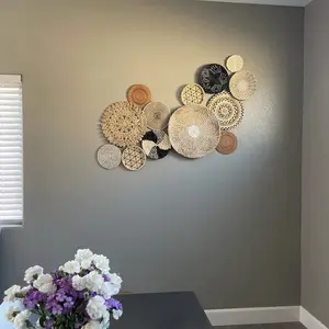 Set of 13 Basket Wall Decor, Boho Wall Decor, Boho Wall Art, Wicker Round Bowl, Wicker Wall Tray, Bohemian Wall Decor, Hanger Wall Plate