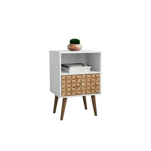 212 MAIN Mid-Century Modern Liberty Nightstand, 1 Cubby Space, 1 Drawer, White & 3D Brown Prints, Drawer Storage, Home Assembly
