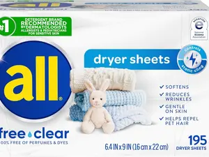 All Free Clear Dryer Sheets for Sensitive Skin - 195 Unscented & Dye-Free Sheets - Reduces Static Cling & Repels Pet Hair - Gentle on Skin - Trusted by Dermatologists Box Detergent Household Perfume
