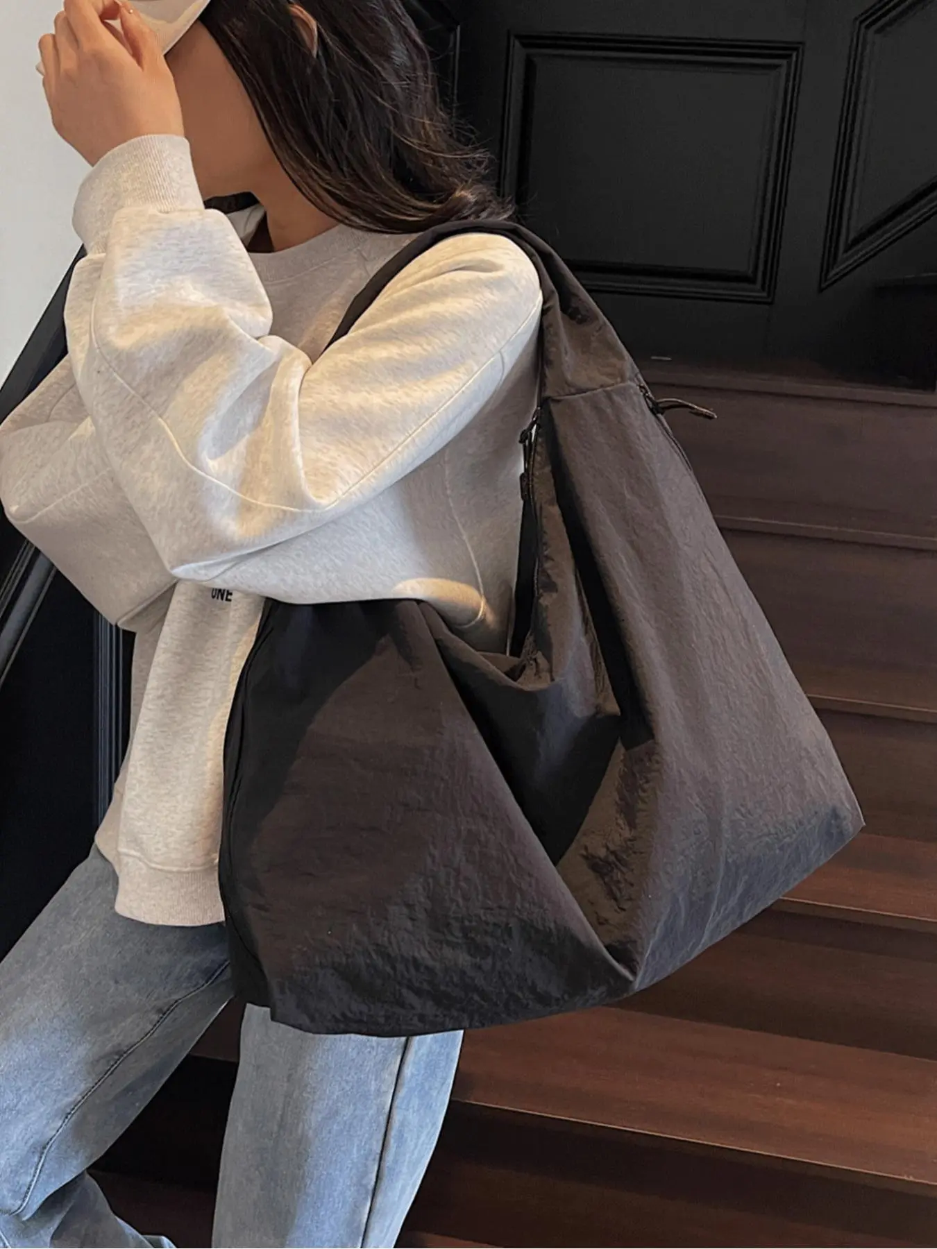 Women's Solid Color Large Capacity Slouchy Tote Bag, Fashionable Nylon Shoulder Bag for Daily Used, Casual Trendy Versatile High-quality Daily Commuting Bag, Stylish Versatile Bag, Casual Everyday Bag, Daily Commute Bag