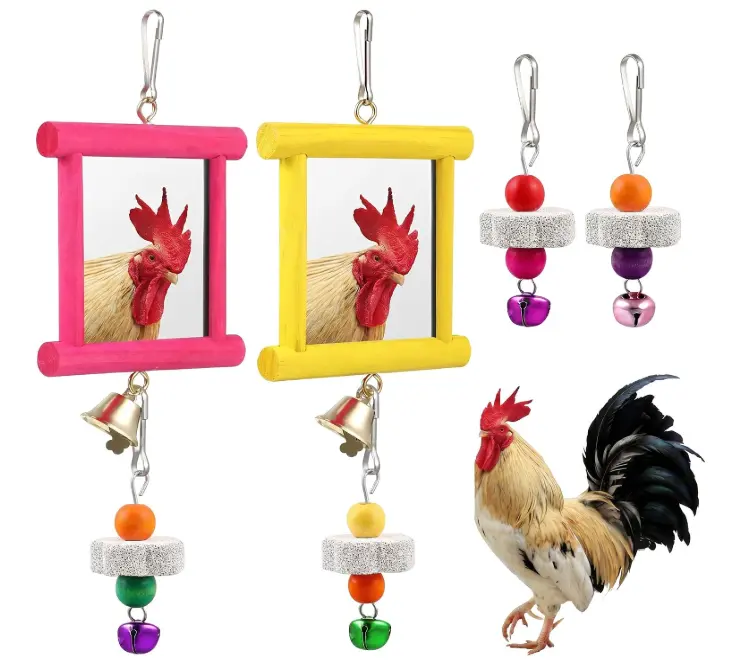 2 Pieces Chicken Mirror Toys Hanging Swing Mirror with Bell Wooden Pecking Toy and 4 Pieces Beak Grinding Molar Stones for Hens Birds Parrots