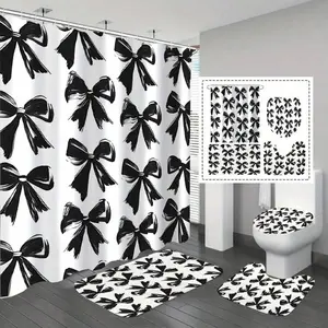 1 Set 1/4 Black & White Bow Pattern Waterproof Shower Curtain, Includes 12 Hooks, Non-Slip Bath Mat, U-Shaped Toilet Seat Cover, Machine Washable, Artistic Design, Suitable For All Seasons, Valentine's Day Shower Curtain, Bathroom Decor Christmas Decor