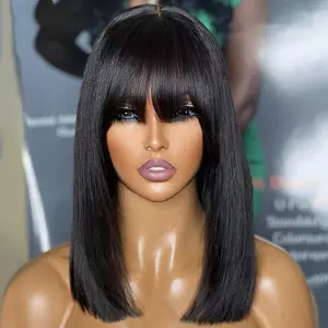 Glueless Straight Bob Wig Human Hair 4x1 Transparent Lace Natural Black for Women Bob Wig with Bangs Human Hair 180% Density Ready to Go Glueless Human Hair Wigs For Women SpringStatements