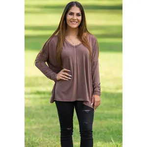 Long Sleeve V-Neck Piko Top -Dark Brown