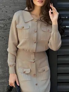 Elegant French Style Women's Winter Fashion Set, High-Quality Lapel Dress & Knitted Sweater, Fitted, Slim Fit, Back-To-School Season
