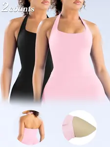 Women's Yoga Halter Neck Tank Top with Removable Pads, Three-Layer Seamless Backless Tank Tops Casual Solid Color Soft All Seasons Wear