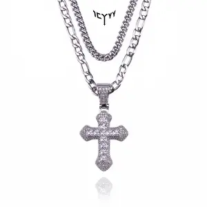 ICYYY Double Layered Cross Necklace For Men And Women, Delicate Cubic Zirconia Pendant, Figaro Chain And Cuban Chain, Autumn Accessories, Boyfriend Gift, Christmas Gift