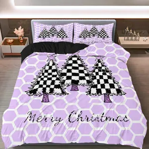 3PCS Duvet Cover Set, 1 Duvet+2 Pillowcases(Without filler), Checkered Christmas Tree Purple theme, Christmas bedding set, Geometric Pattern Festive Design Suitable for decoration bedroom, guest room, living room, holiday home.