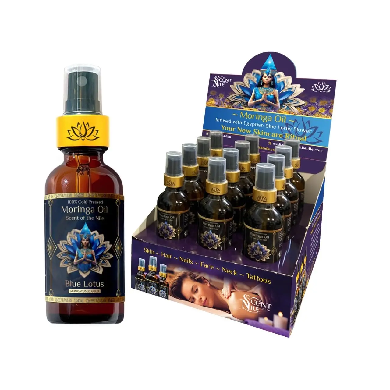Pure Organic Moringa Oil with Blue Lotus – Deep Hydrating & Anti-Aging Ritual Oil for Skin, Hair & Nails | Dealer/Distributer Countertop Display 2oz. (12 pack)