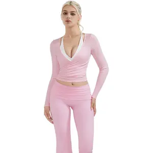 Women Pilates Wrap Workout Cropped Top Ribbed Long Sleeve V Neck Tie Front Ballet Yoga Shrug Blouse 2026