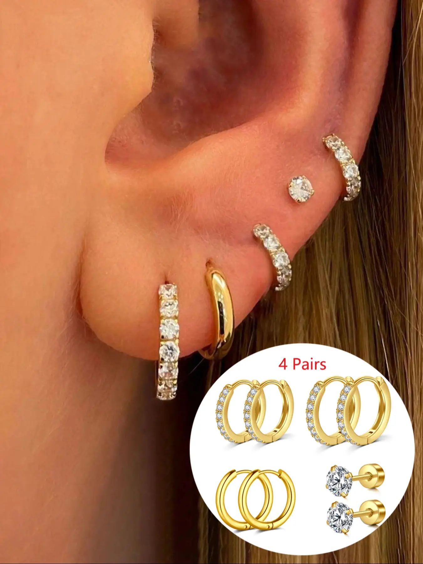 4 Pairs Cz Earrings Set, Earring Pack, Silver Color Studs, Hypoallergenic Stainless Steel Cartilage Earrings, Unisex Fashion Gift for Multiple Piercings, Flat Pierced Jewelry