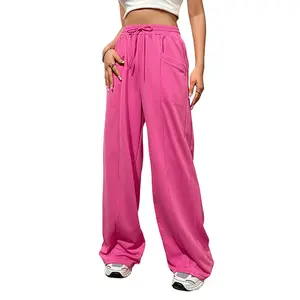 LOTUCY Women's Wide Leg Sweatpants Pink Solid High Waistband Pleated Waist Casual Womenswear with Pockets