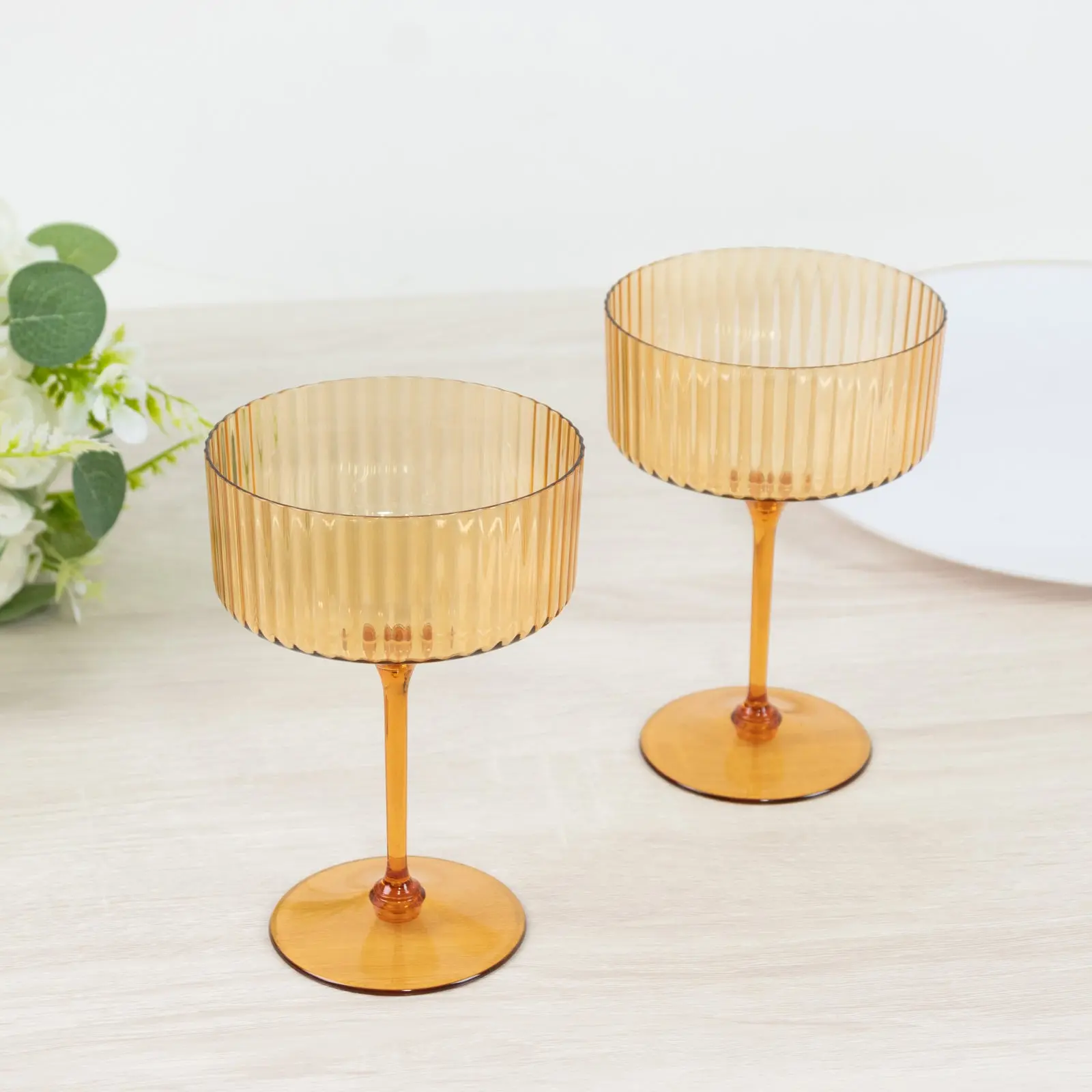 Premium Ribbed 10oz Amber Gold Coupe Champagne Cocktail Cups - 24-Pack Disposable Plastic Glasses with Detachable Stem & Base, for Birthday, Banquet Events, Gold Cups