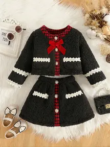 Baby girl autumn and winter versatile short skirt set, plush bow tie fake pocket coat   short skirt set, suitable for party wear, baby girl fashion delicate set
