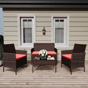 Patio Furniture Set, 4-Piece PE Rattan Wicker Patio Set with Cushions and Glass Table, Outdoor for Porch, Garden, Balcony, Modern Outdoor Patio Furniture Set, Brown & Red