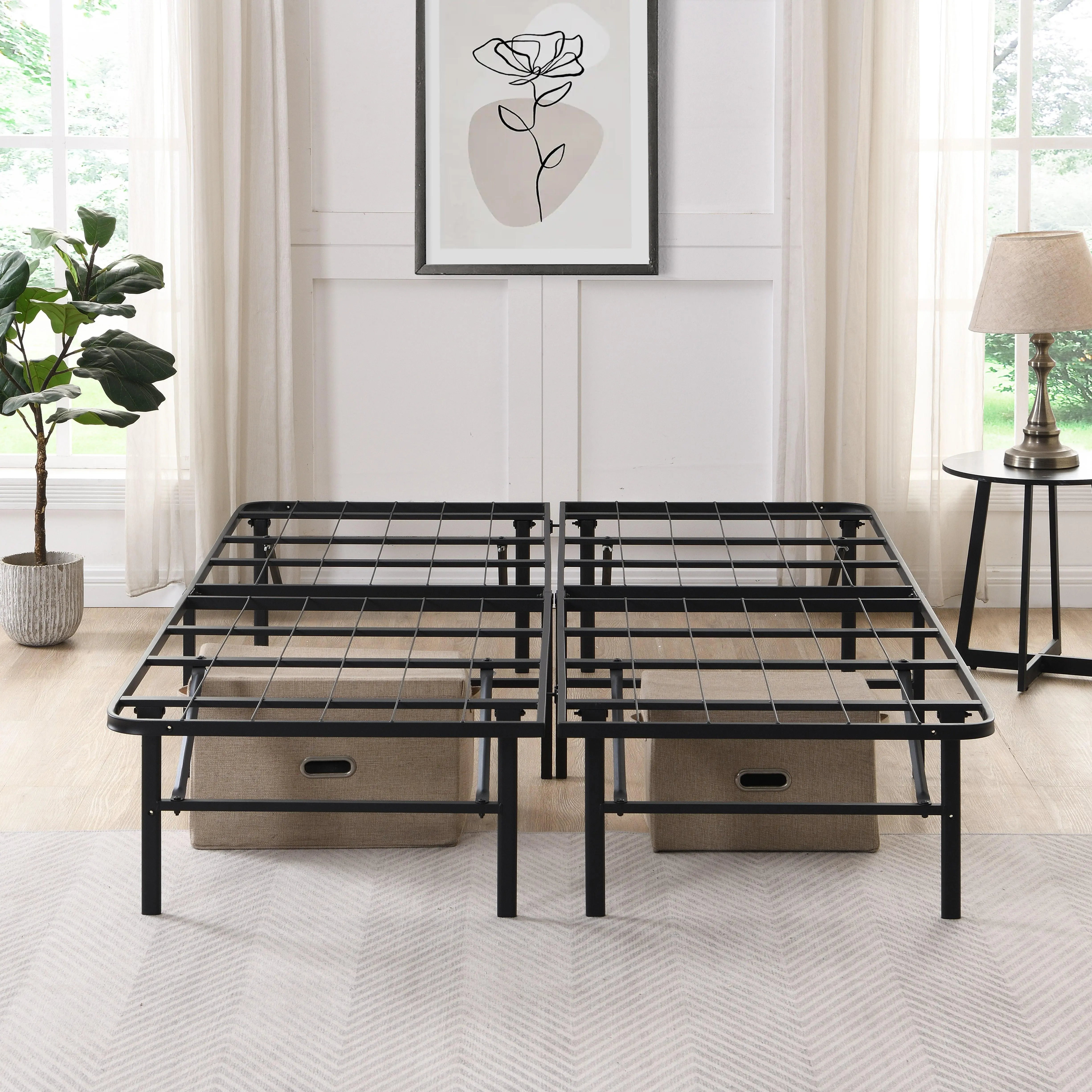 DONEXT Queen Size Foldable Metal Platform Bed Frame, 14 in High Box Spring Replacement, Heavy-Duty Steel Slats, Easy Assembly, Under-Bed Storage, Black, Durable Beds, Heavy-Duty Beds