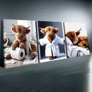 3-Piece Solid Wood Canvas Art Set, Cute Bathrobe Bull Poster, Fun Animal Decor, Modern Wall Art for Living Room, Ideal Gift Idea, Art Wall Decoration cartoon pattern toilet print home whimsical bathroom