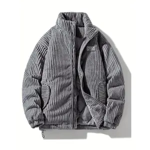 Unisex Corduroy Puffer Coat, Thickened for Winter Warmth, Casual Stand-Collar Zip-Up Jacket with Pockets, 100% Polyester, Long Sleeves, Regular Length, Woven Fabric, Loose Fit, Solid Color