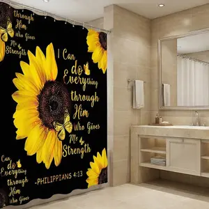 72x72 shower curtain, Shower curtain sets, bathroom floor mat, toilet seat cover, U-shaped floor mat, half sunflower pattern, waterproof fabric, comes with 12 plastic hooks, no drilling required, easy to install, home decor item