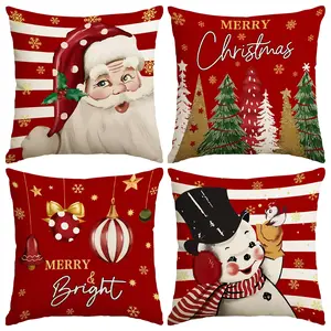 4pcs Red Christmas Pillowcases, Striped Santa Claus Snowman Pillow Cover, Christmas Tree Merry Christmas Pattern Cushion Cover, Merry&Bright Christmas Ball Pendant Printed Pillow Cover, Winter Festival Home Sofa Decoration (without Pillow Core)