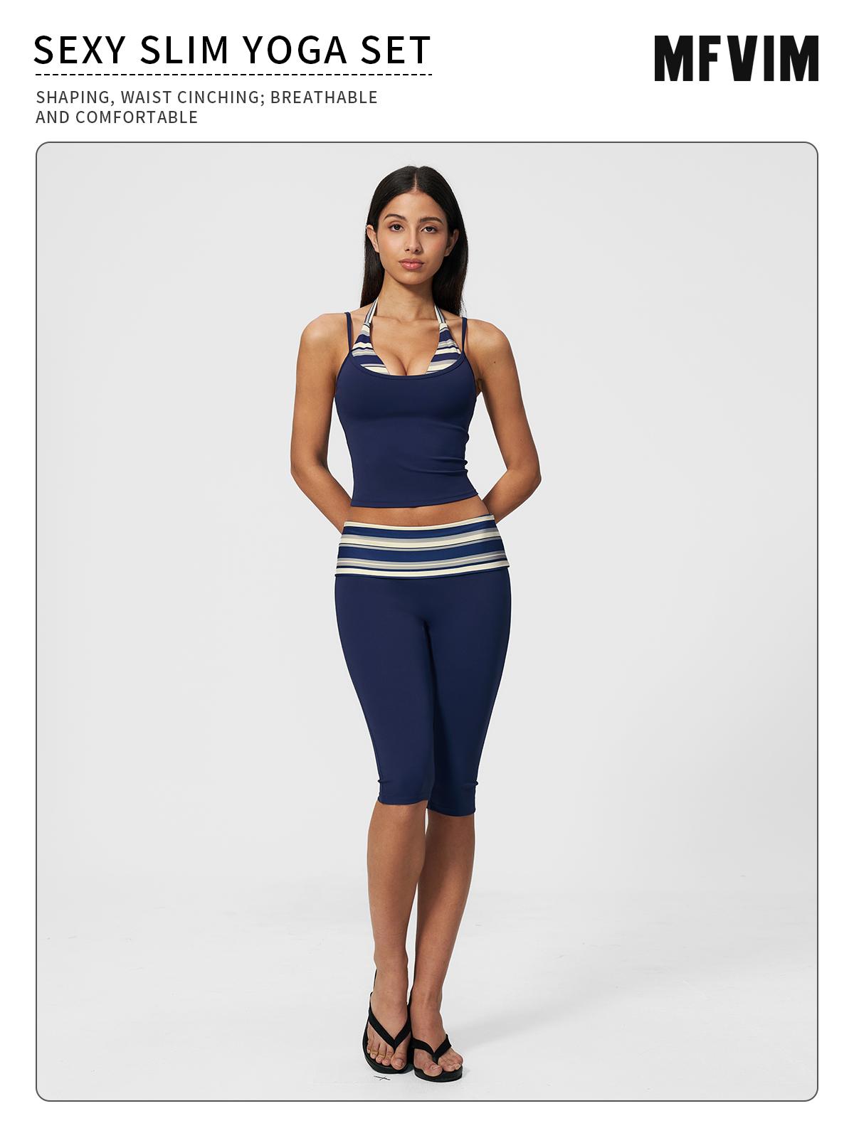 MFVIM women’s color-block double-layer halter yoga tank top set — waist-cinching, butt-lifting mid-length athletic shorts; two-piece fitness set with a nude feel,travel essentials,camping essentials