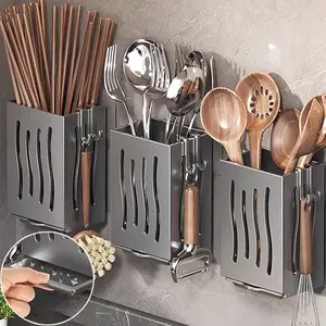 Kitchen Utensil Rack Multifunctional Draining Chopstick Holder Wall-Mounted or Freestanding Cutlery Spoon Scoop Fork Storage Box Organiser Hook