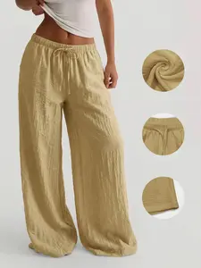 Women's Casual Minimalist Basic Solid Color Wide Leg Pants, Adjustable Drawstring Waist Design, Loose Straight Fit, Suitable for Spring and Autumn