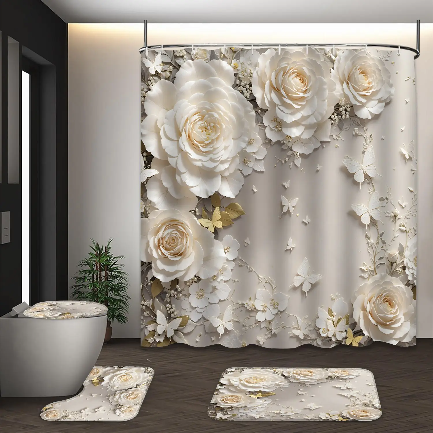 LVRLVR 4pcs 3D White Rose Butterfly Luxury Elegant Floral Shower Curtain Sets Bathroom Set with Shower Curtain, Bath Rugs and Hooks - 70.8"×70.8" (180×180cm) Shower Essentials