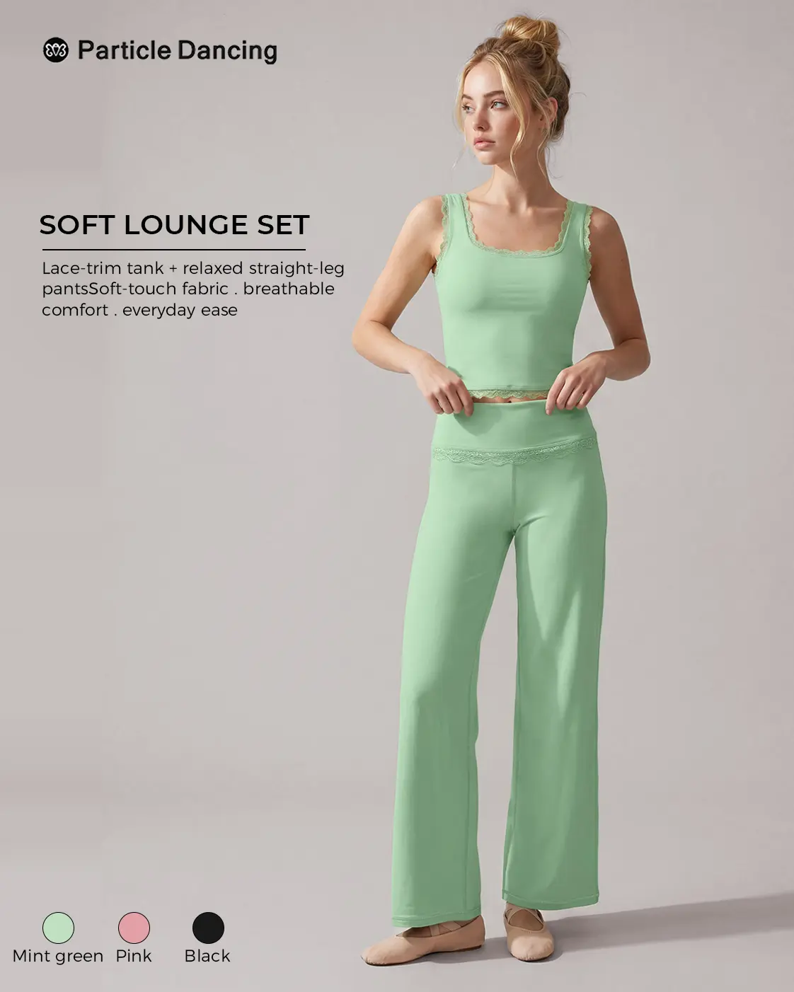Women’s 2-Piece Yoga Set - Sleeveless Lace Trim Tank Tops, High-Waisted Wide Leg Pants for Pilates, Workout Activewear