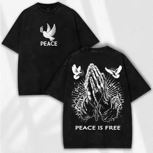 180g[100%cotton]Peace Is Free Washed Tee: Vintage Christian Streetwear Oversized Style - Praying Hands Dove Cross