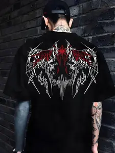 Unisex Extreme Metal Skull & Thorn Oversized Long T-Shirt – Black & Red/White Print, Death Metal Streetwear Aesthetic, Heavyweight Cotton Fabric, Relaxed Drop-Shoulder Fit, Perfect for Alternative Style Fans, Durable High-Quality Print