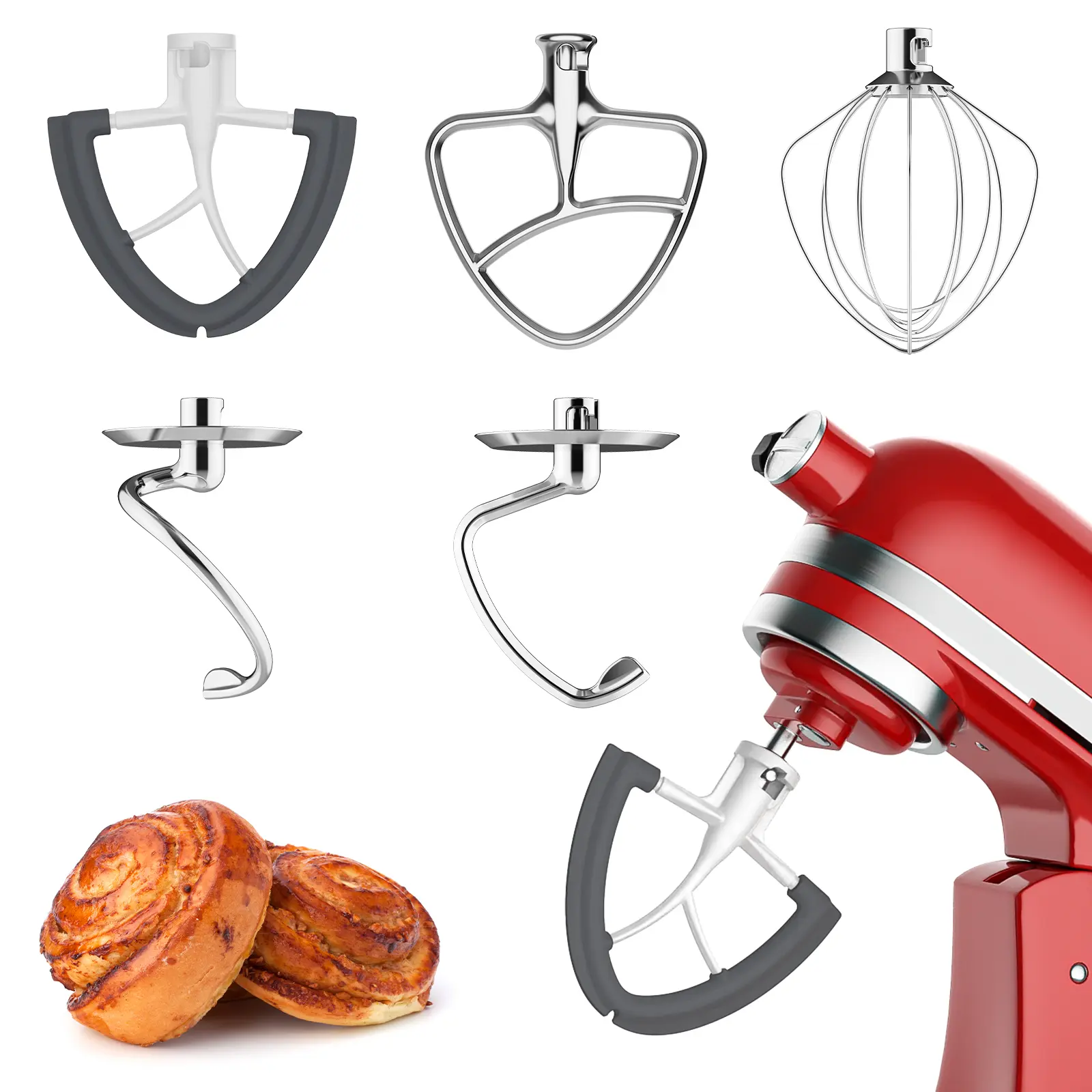 Gvode Flex Edge Beater Stainless Steel Flat Beater Spiral Dough Hook Egg Beater for 4.5/5 Quart Tilt-Head Stand Mixer Accessories Attachments