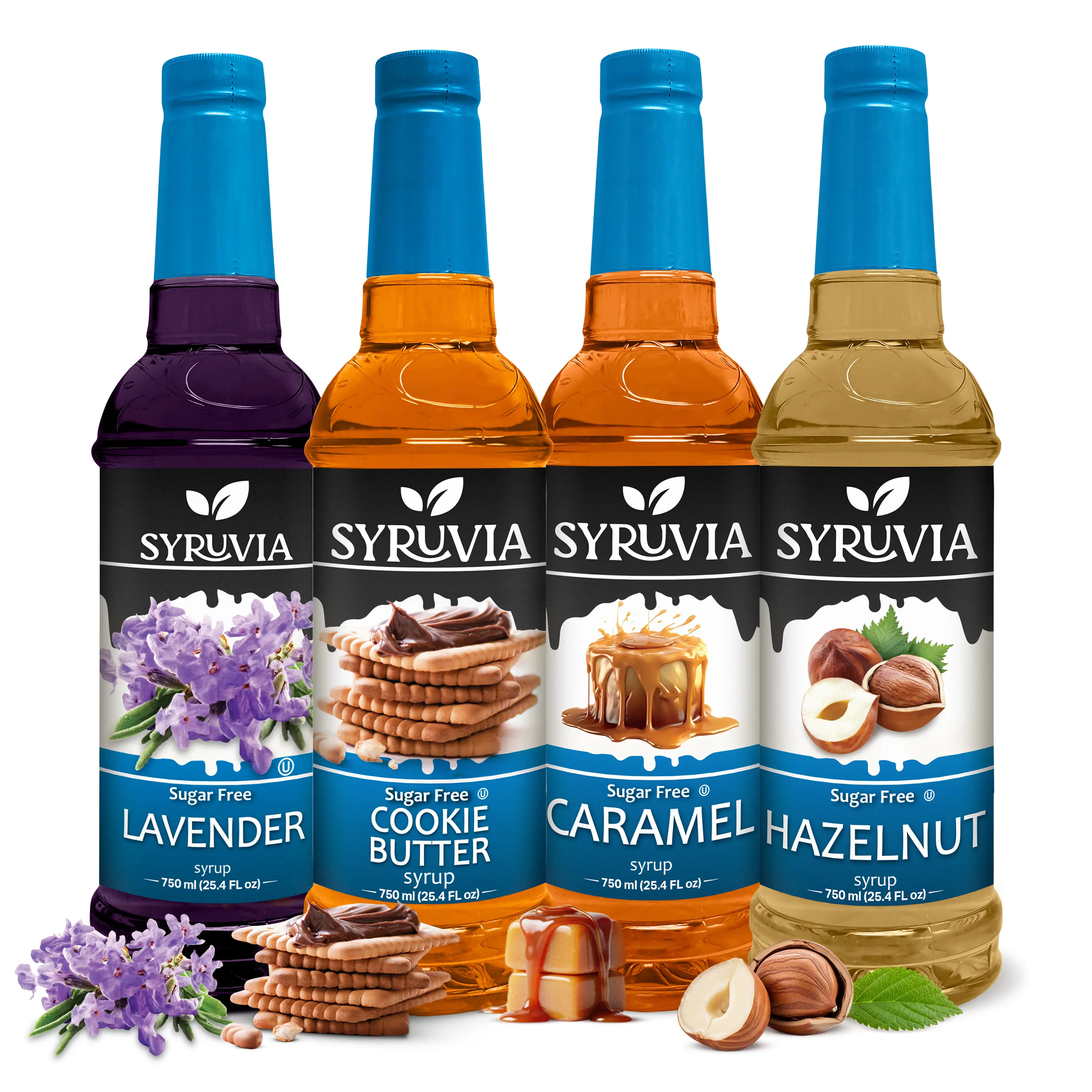 Syruvia Sugar-Free Latte Syrup Variety Pack Sweetener - Lavender, Hazelnut, Caramel, Cookie Butter - Gluten-Free, Kosher, 25.4 fl oz Bottles - Cafe-Inspired Flavors for Coffee (4-Pack), Beverage
