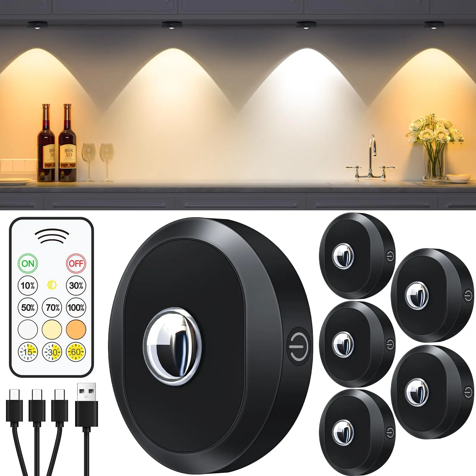 Puck Lights with Remote Control, Rechargeable Closet Lights, 1200mAh Battery Operated Tap Lights, Dimmable Push Lights, Wireless Under Cabinet Lights, LED USB Stick On Lights (6 Pack)