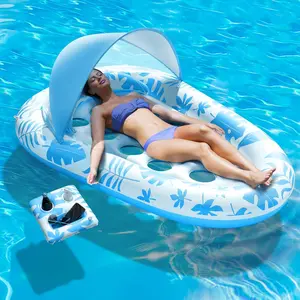 Inflatable Pool Floats Adult, 3-in-1 Pool Float Lounger with Canopy and Cup Holder, XL Floating Pool Floaty Raft for Swimming Pool Lake Beach, Tanning Pool Floaties Toys for Adults