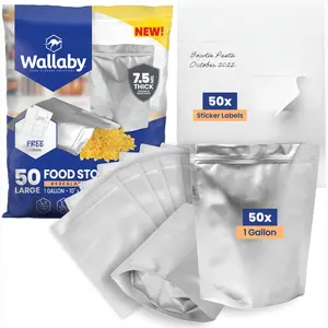 Wallaby 1-Gallon Gusseted Mylar Bags with Labels (50 Count) 15 Mil Total Thickness, Heat-Sealable Airtight Packaging - Silver