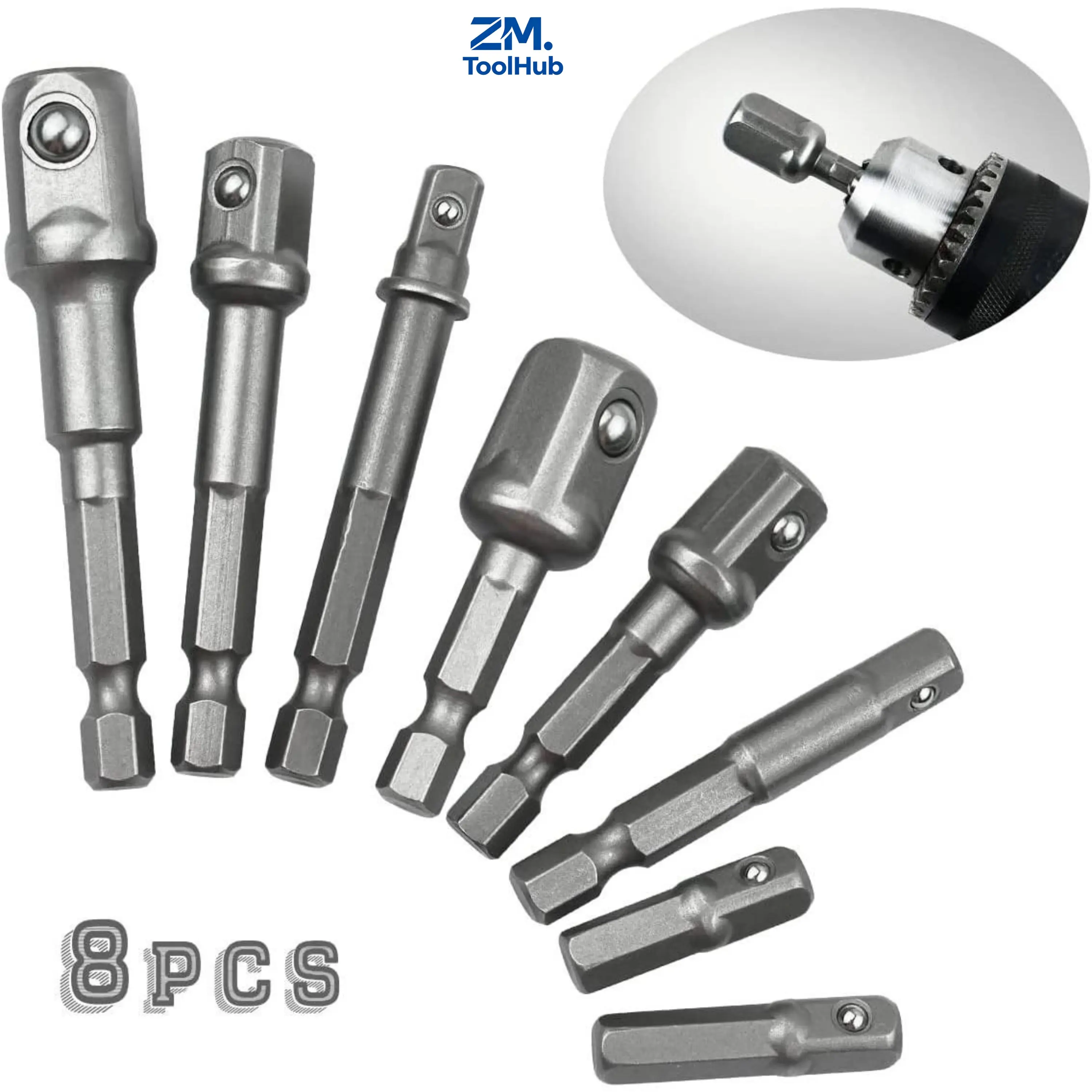 8 Pcs Impact Grade Hex Shank Socket Adapter and Nut Driver Drill Bit Set, Available in 1/4", 3/8", 1/2 Inch Sizes, Universal Power Tool Accessories for Screwdrivers, Cordless Drills and Electric Power Drills
